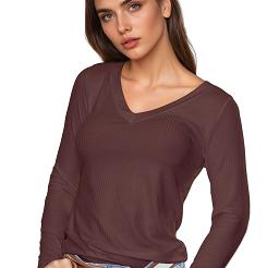 Koszulka damska z długim rękawem z prążkowanej wiskozy Eleonor czekoladowa