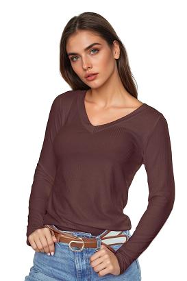 Koszulka damska z długim rękawem z prążkowanej wiskozy Eleonor czekoladowa
