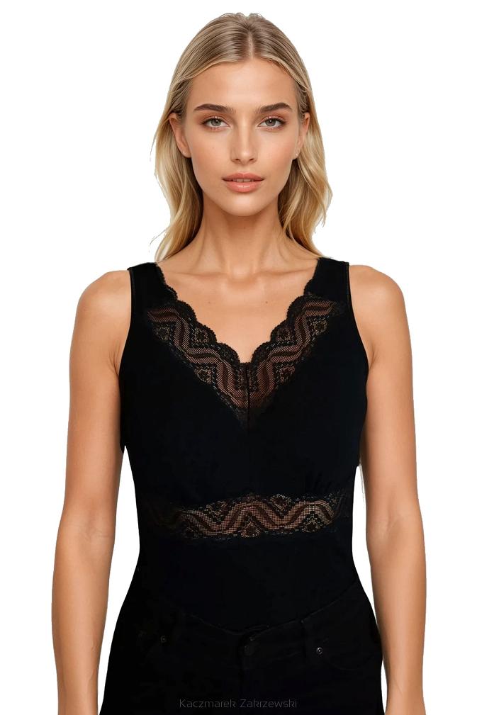 Koszulka damska z szerokimi ramiączkami i koronkowym wykończeniem Ronia czarna