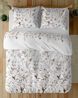 Pościel bawełniana 160x200 Detexpol biała brązowa liście ptaki gałązki