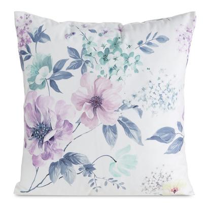 Poszewka dekoracyjna MINK 45x45 Eurofirany biała z nadrukiem fioletowych i miętowych kwiatów
