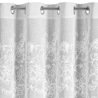 Zasłona gotowa na przelotkach LILY 140x250 Eurofirany biała eko z szenilowym haftem w kwiaty