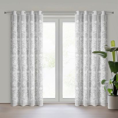 Zasłona gotowa na przelotkach LILY 140x250 Eurofirany biała eko z szenilowym haftem w kwiaty