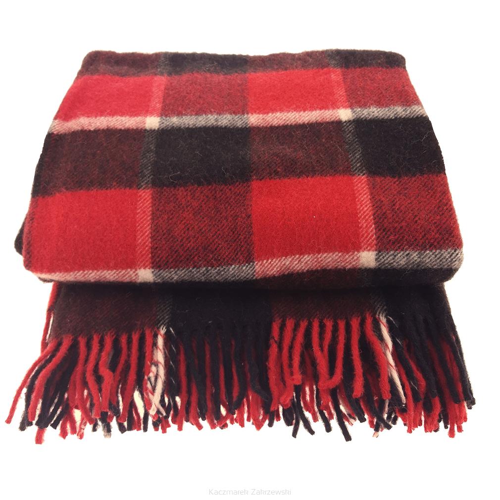 Koc wełniany z frędzlami 160x200 kratka czarny czerwony