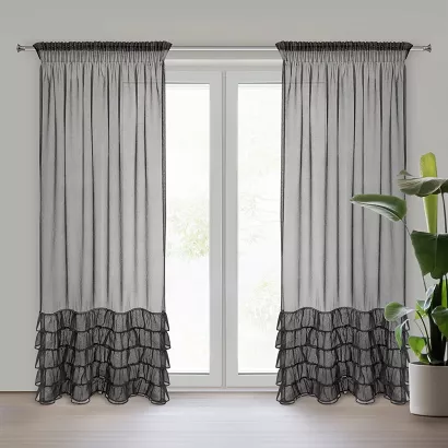 Firana gotowa na taśmie CARLI 140x250 Eurofirany czarna falbany cyrkonie