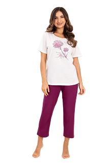 Piżama damska REGINA kod 734 ekri duży botaniczny nadruk na t-shircie