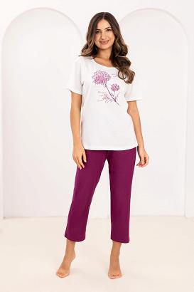 Piżama damska REGINA kod 734 ekri duży botaniczny nadruk na t-shircie