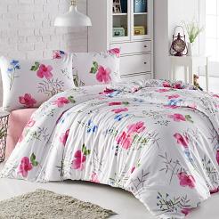 Pościel flanelowa FLANELOVE 220x200 biała w różowe kwiaty