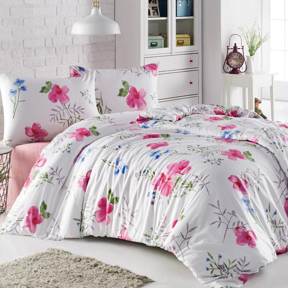 Pościel flanelowa FLANELOVE 220x200 biała w różowe kwiaty