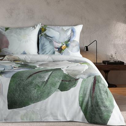 Pościel satynowa ALICE 220x200 Eva Minge Eurofirany biała zielona motyw botaniczny