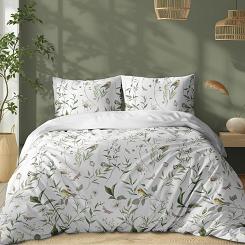 Pościel bawełniana 160x200 Detexpol biała zielona liście ptaki gałązki