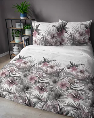 Pościel satynowa 140x200 Detexpol biała szara pudrowa kwiaty hibiskusa