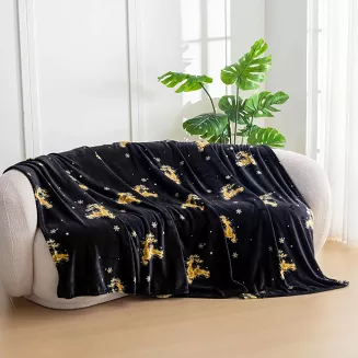 Koc polarowy świąteczny 160x200 czarny w złote renifery