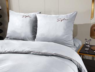 Pościel 160x200 srebrna brązowy haft satynowa lamówka