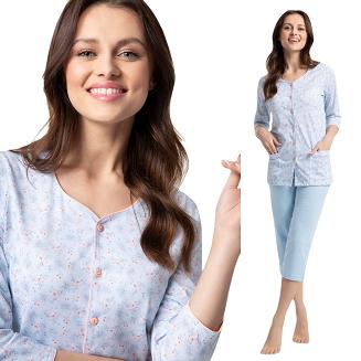 Piżama damska LUNA kod 668 błękitna w kwiatowy rzucik rozpinana