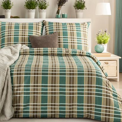 Pościel satynowa SPRING 220x200 Eurofirany jasnobrązowa zielona krata