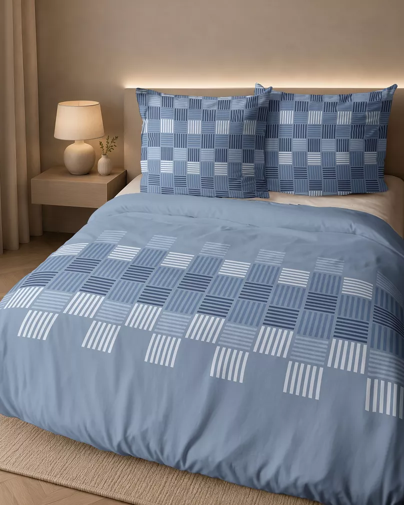 Pościel flanelowa 220x200 niebieska geometryczna plecionka