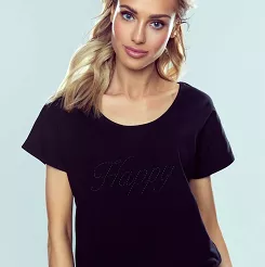 Koszulka damska z krótkim rękawem z połyskującym napisem Happy czarna