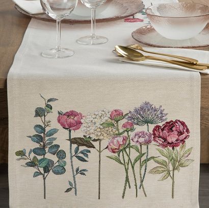 Obrus dekoracyjny gobelin 40x100 Eurofirany naturalny ogrodowe kwiaty peonie