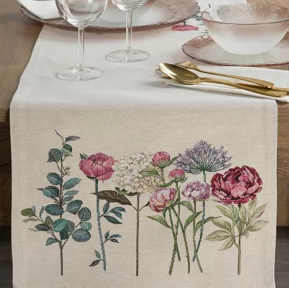 Obrus dekoracyjny gobelin 40x100 Eurofirany naturalny ogrodowe kwiaty peonie