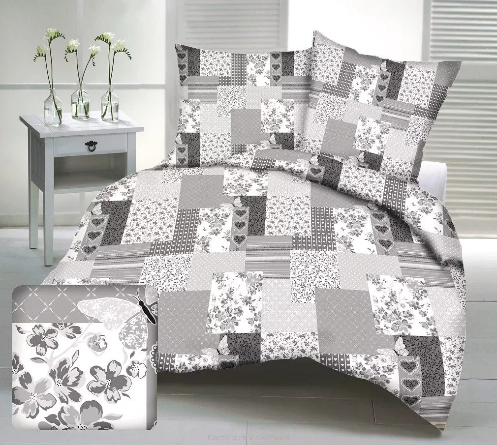 Pościel bawełniana 160x200 szara patchwork serca motyle kwiaty