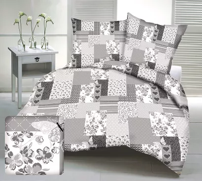 Pościel bawełniana 160x200 szara patchwork serca motyle kwiaty