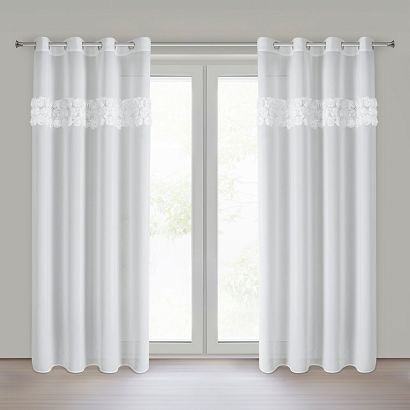 Firana gotowa na przelotkach ROSES 140x250 Eva Minge Eurofirany biała z szyfonu z 3 pasami róż na górze