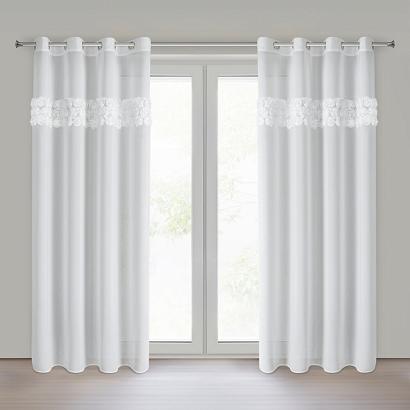 Firana gotowa na przelotkach ROSES 140x250 Eva Minge Eurofirany biała z szyfonu z 3 pasami róż na gó