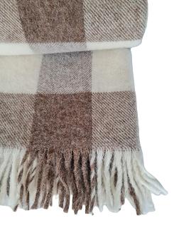 Koc wełniany z frędzlami 150x200 wełna nowozelandzka krata szachownica brązowa ekri