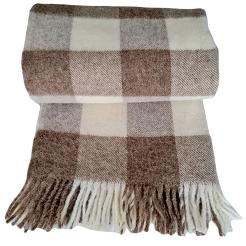 Koc wełniany z frędzlami 150x200 wełna nowozelandzka krata szachownica brązowa ekri