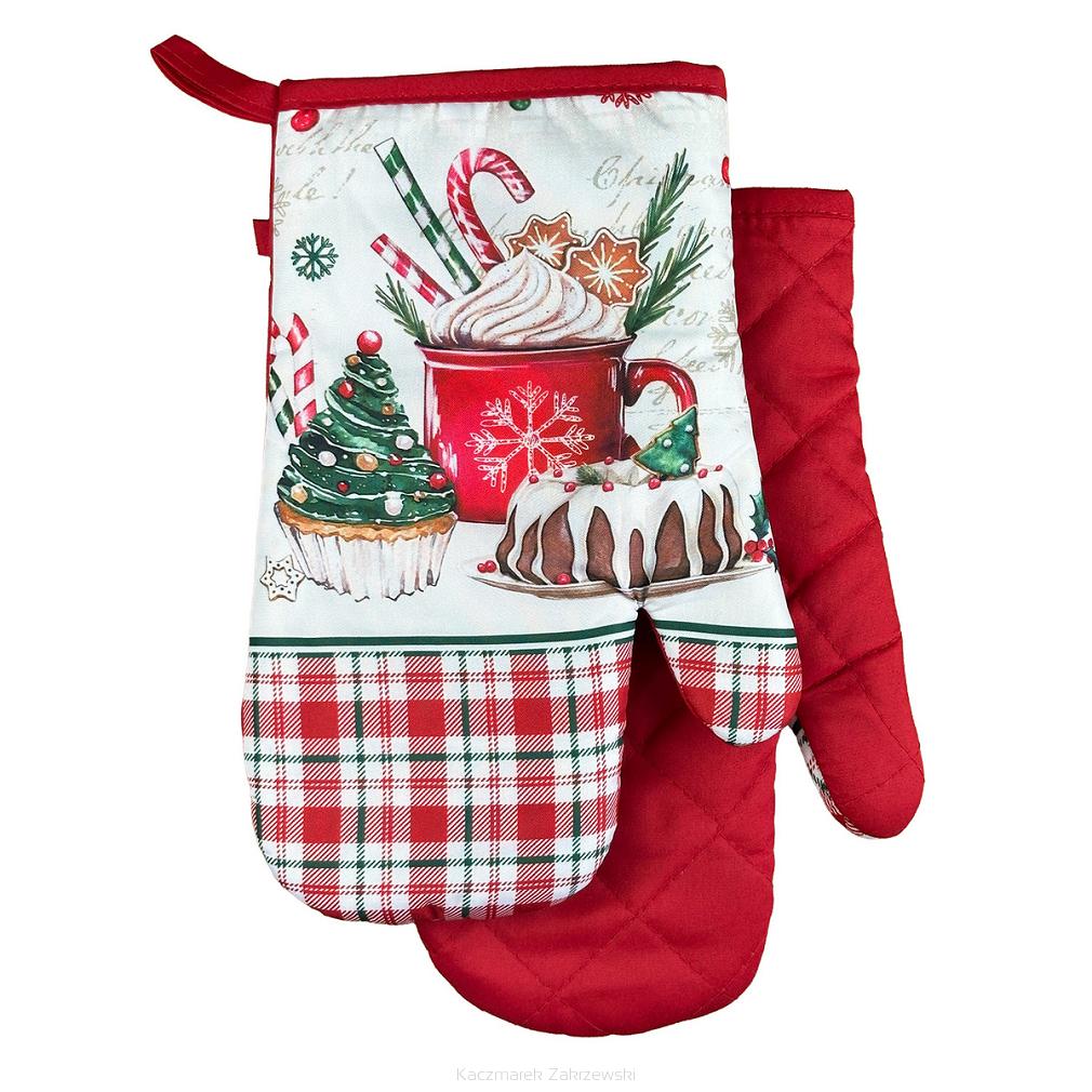 Rękawice kuchenne 18x27 z magnesem 2 szt. świąteczne białe czerwone kratka słodkości