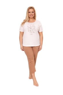 Piżama damska REGINA kod 4009 ecru toffi botaniczny nadruk na t-shircie
