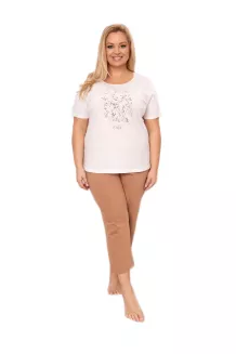 Piżama damska REGINA kod 4009 ecru toffi botaniczny nadruk na t-shircie