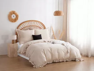 Pościel satyna bawełniana 140x200 Ruffy Premium jasnobeżowa z falbanką