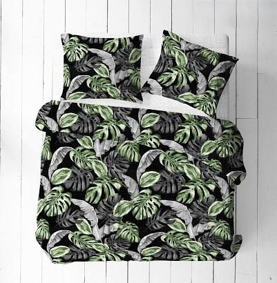 Pościel z kory 200x220 czarna w szare zielone egzotyczne liście