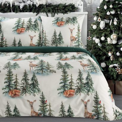 Komplet pościeli świąteczny DEER 220x200 Eurofirany biały zielony zwierzęta w lesie