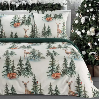 Komplet pościeli świąteczny DEER 220x200 Eurofirany biały zielony zwierzęta w lesie