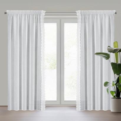 Firana gotowa na taśmie KAJA 140x270 Eurofirany biała komplet zdobiona koronką aplikacją w kwiaty