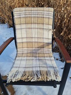 Koc wełniany z frędzlami duża krata beżowa ekri