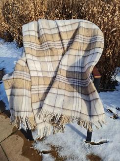 Koc wełniany z frędzlami duża krata beżowa ekri