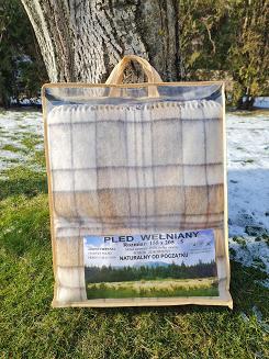 Koc wełniany z frędzlami duża krata beżowa ekri