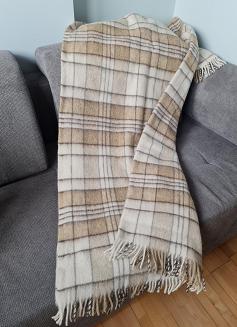 Koc wełniany z frędzlami duża krata beżowa ekri