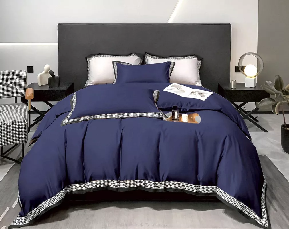 Pościel 160x200 jednobarwna granatowa wzorzysta plisa falbana