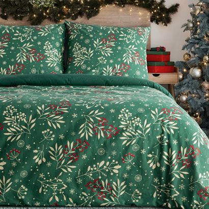 Komplet pościeli świąteczny CRISTIAN 160x200 Eurofirany butelkowy zielony kremowy zimowy ogród