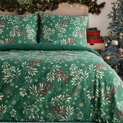 Komplet pościeli świąteczny CRISTIAN 160x200 Eurofirany butelkowy zielony kremowy zimowy ogród