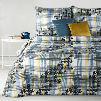 Komplet pościeli w pudełku MANDY 200x220 Eurofirany niebieska żółta krata + czarna pepitka