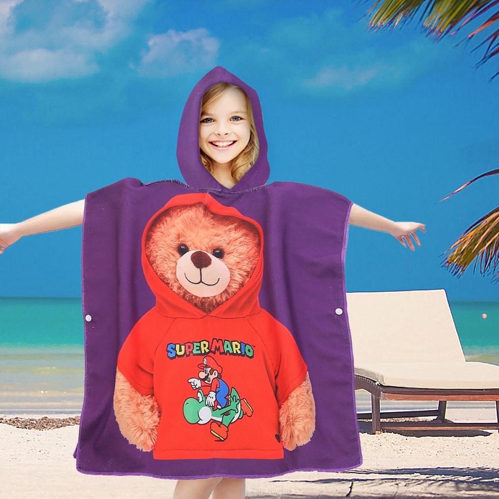 Poncho dziecięce plażowe 60x60 fioletowe miś Super Mario