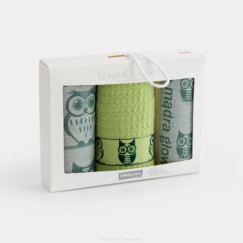 Komplet ścierek kuchennych 2+1  ZWOLTEX wzór SOWA zielona