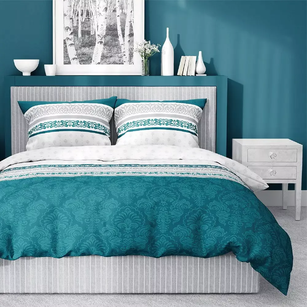 Pościel bawełniana 160x200 Detexpol turkusowa szara biała pasy orientalna geometria