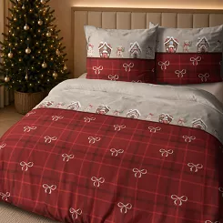 Pościel satynowa świąteczna Home Satin 160x200 czerwona beżowa w domki, kokardy i kratkę